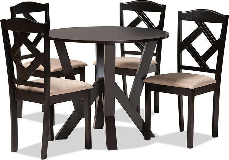 Wholesale Interiors Dining Sets - Riona Sand Fabric Upholstered and Dark Brown Finished Wood 5-Piece Dining Set