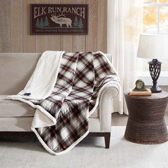 Olliix.com Heated Blankets - Oversized Plaid Print Faux Mink to Berber Heated Throw Black