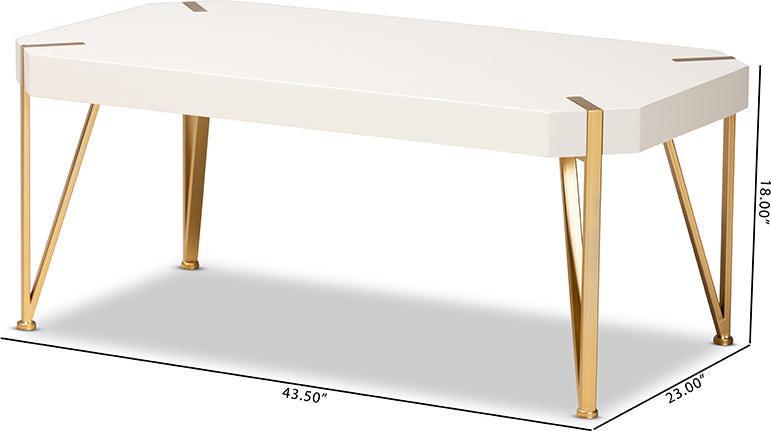 Wholesale Interiors Coffee Tables - Kassa Contemporary Brushed Gold Metal and White Finished Wood Coffee Table