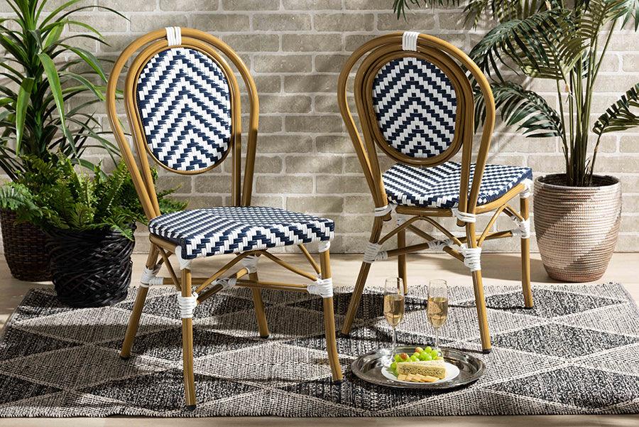 Wholesale Interiors Outdoor Dining Chairs - Alaire Indoor and Outdoor Blue and White Bamboo Style Stackable 2-Piece Bistro Dining Chair Set