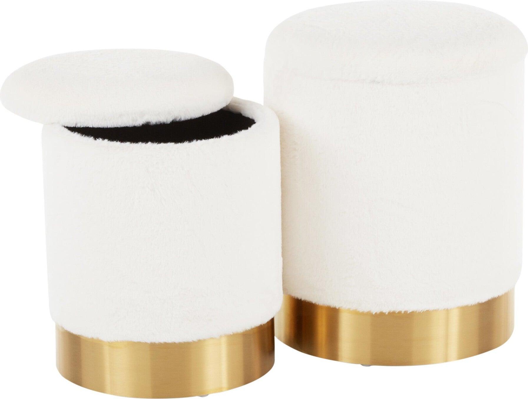 Lumisource Ottomans & Stools - Marla Contemporary Nesting Ottoman Set Gold Metal & Cream Plush Fabric