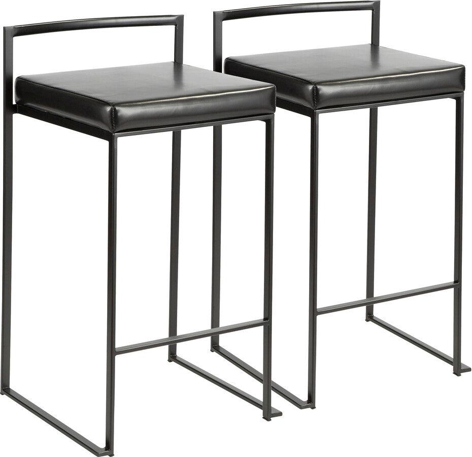Lumisource Barstools - Fuji Contemporary Stackable Counter Stool in Black with Black Faux Leather Cushion - Set of 2