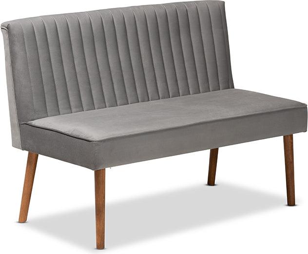Wholesale Interiors Dining Sets - Alvis Mid-Century Grey Velvet Upholstered and Walnut Brown Finished Wood 3-Piece Dining Nook Set