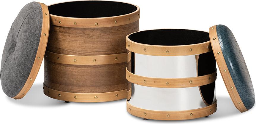 Wholesale Interiors Ottomans & Stools - Caleb Modern Grey Fabric and Blue Faux Leather Wood and Metal Storage Ottoman Set