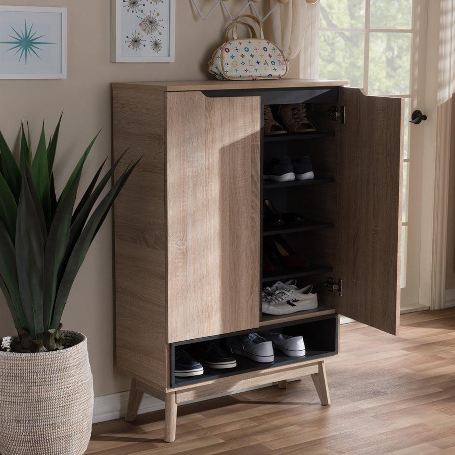 Wholesale Interiors Shoe Storage - Fella Mid-Century Modern Two-Tone Oak and Gray Wood Shoe Cabinet