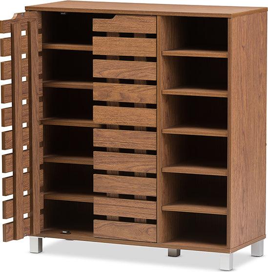 Wholesale Interiors Shoe Storage - Shirley Contemporary Walnut Medium Brown Wood 2-Door Shoe Cabinet with Open Shelves