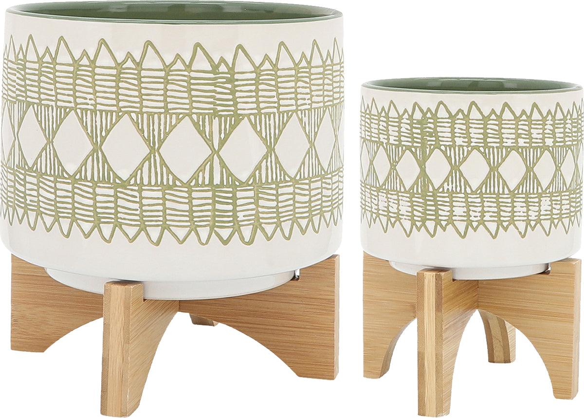 Sagebrook Home Planters - Ceremicamic Set Of 2 5/8" Aztec Planter On Wooden Stand Ol