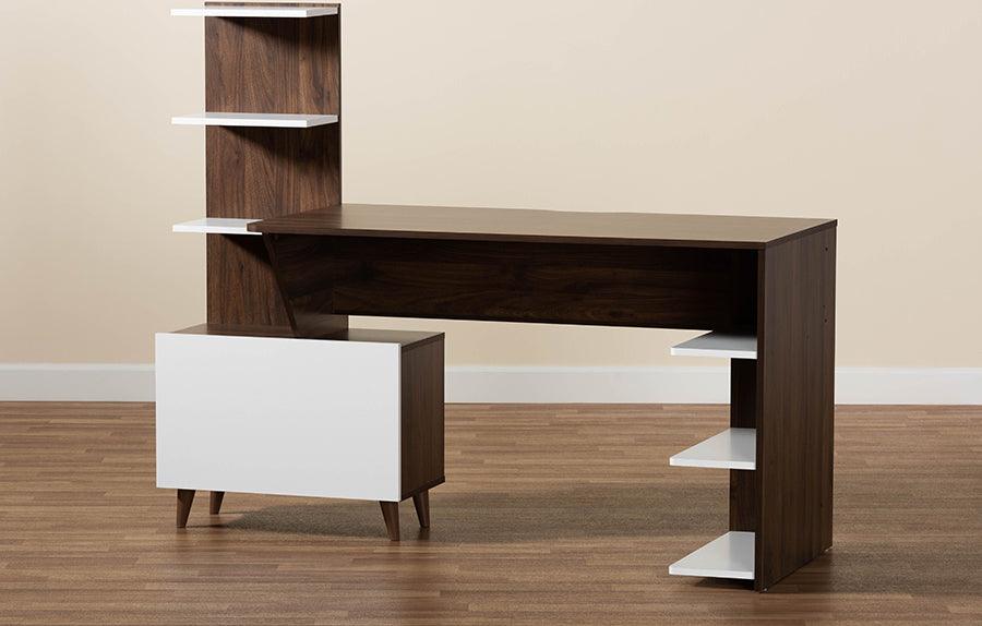 Wholesale Interiors Desks - Tobias Mid-Century Modern White and Brown Finished Wood Storage Desk with Shelves