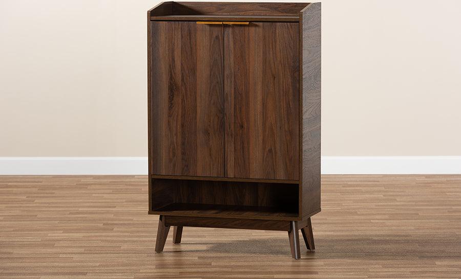 Wholesale Interiors Shoe Storage - Lena Mid-Century Modern Walnut Brown Finished 5-Shelf Wood Entryway Shoe Cabinet