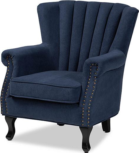 Wholesale Interiors Accent Chairs - Relena Navy Blue Velvet Fabric Upholstered and Dark Brown Finished Wood Armchair