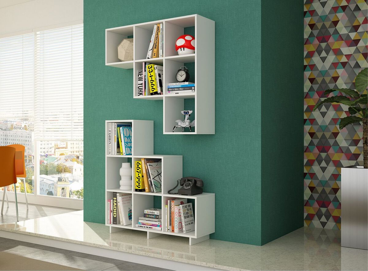 Manhattan Comfort Shelves - Sophisticated Cascavel Stair Cubby with 6 Cube Shelves in White