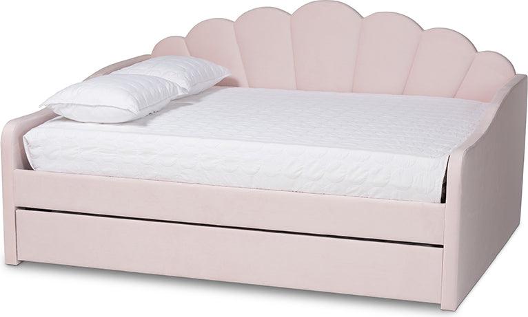 Wholesale Interiors Daybeds - Timila Light Pink Velvet Fabric Upholstered Queen Size Daybed with Trundle