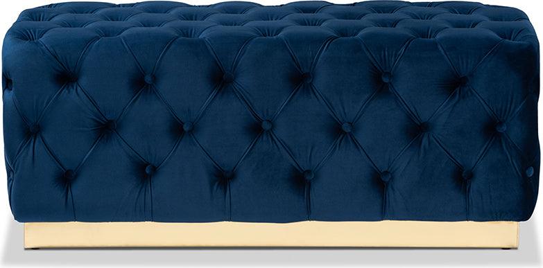 Wholesale Interiors Ottomans & Stools - Corrine Glam and Luxe Navy Blue Velvet Fabric Upholstered and Gold PU Leather Ottoman