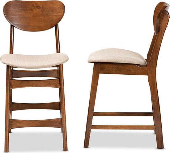 Wholesale Interiors Barstools - Katya Mid-Century Modern Sand Fabric and Brown Wood 2-Piece Counter Stool Set