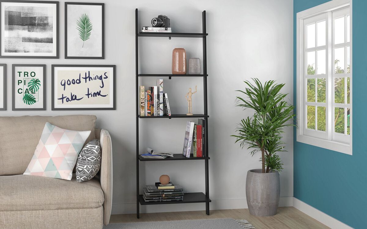 Manhattan Comfort Bookcases & Display Units - Cooper 5-Shelf Floating Ladder Bookcase in Black