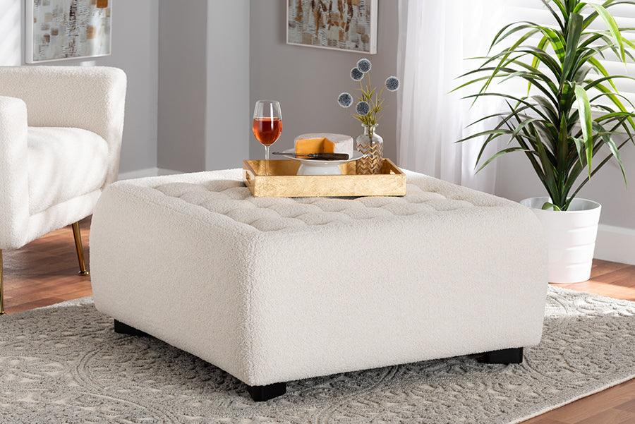 Wholesale Interiors Ottomans & Stools - Athena Modern Ivory Boucle Upholstered and Black Finished Wood Square Ottoman