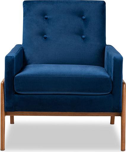 Wholesale Interiors Accent Chairs - Perris Navy Blue Velvet Fabric Upholstered and Walnut Brown Finished Wood Lounge Chair