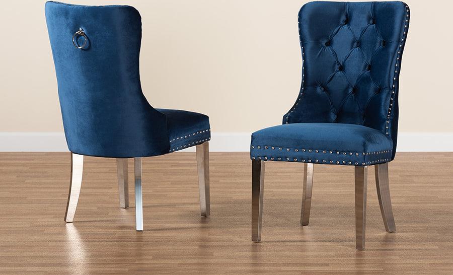 Wholesale Interiors Dining Chairs - Honora Contemporary Glam and Luxe Navy Blue Velvet Fabric and Silver Metal 2-Piece Dining Chair Set