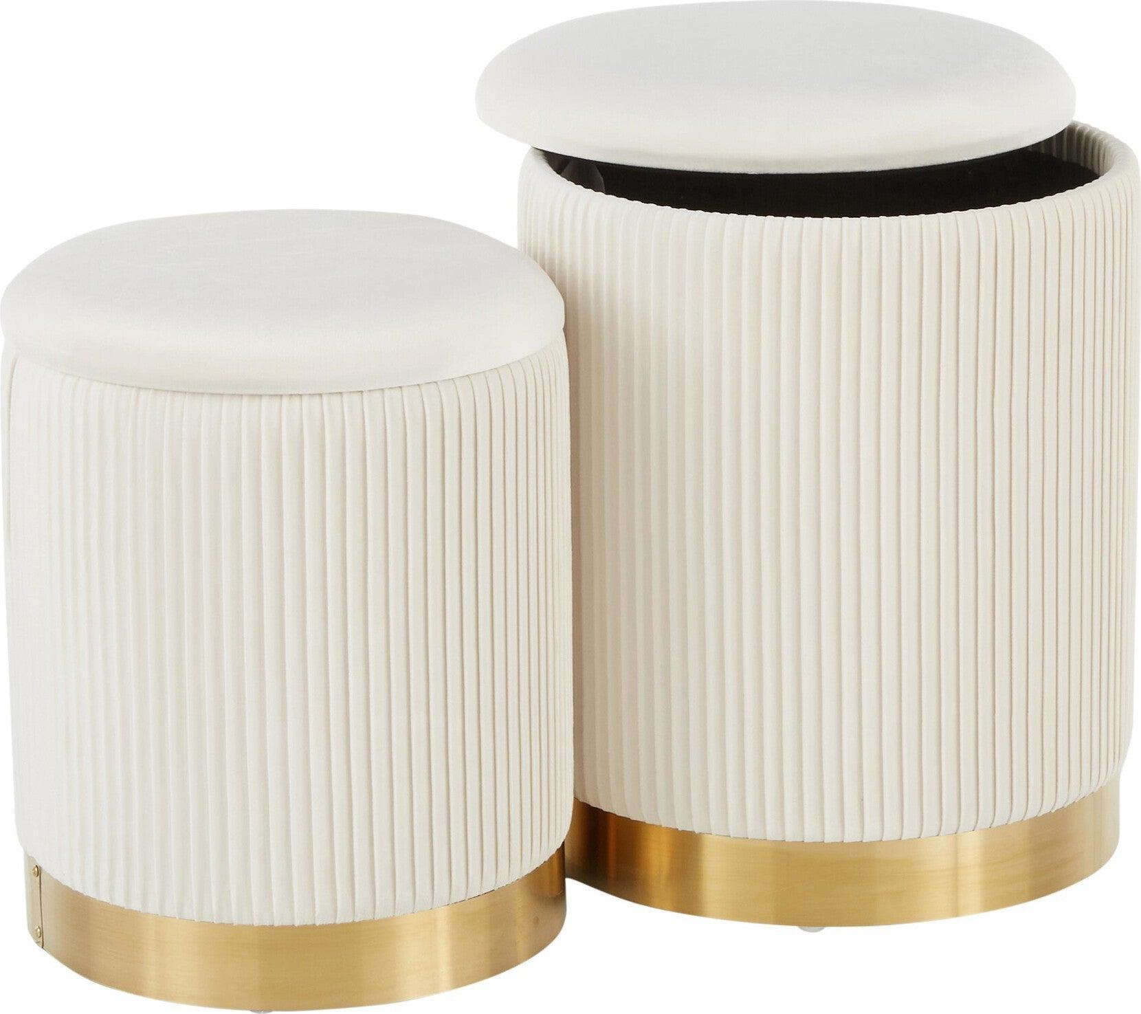 Lumisource Ottomans & Stools - Marla Contemporary Nesting Pleated Ottoman Set Gold Metal & Cream Velvet