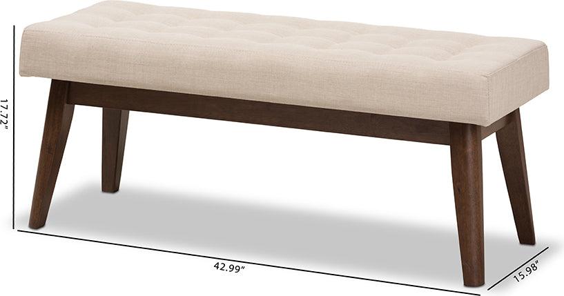 Wholesale Interiors Benches - Elia Mid-Century Modern Walnut Wood Light Beige Fabric Button-Tufted Bench