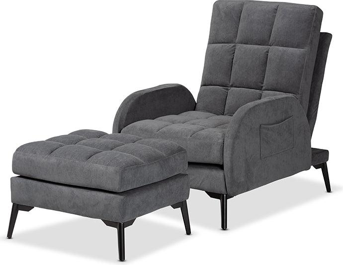 Wholesale Interiors Living Room Sets - Belden Grey Velvet Fabric Upholstered and Black Metal 2-Piece Recliner Chair and Ottoman Set