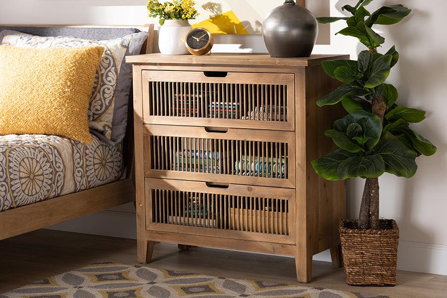 Wholesale Interiors Chest of Drawers - Clement Rustic Transitional Medium Oak Finished 3-Drawer Wood Spindle Storage Cabinet