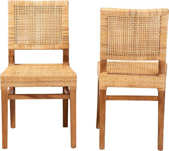 Wholesale Interiors Dining Chairs - Lesia Modern Bohemian Natural Brown Rattan and Walnut Brown Mahogany Wood 2-Piece Dining Chair Set