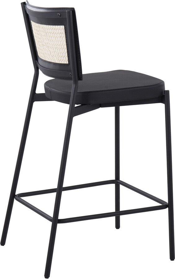 Lumisource Barstools - Rattan Tania Counter Stool In Black Metal, Black Faux Leather, & Rattan Back (Set of 2)
