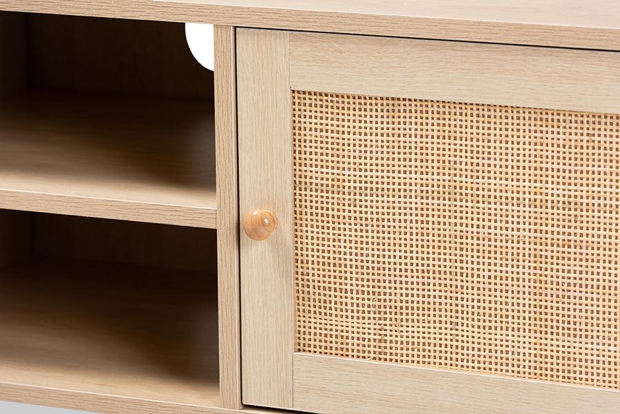 Wholesale Interiors TV & Media Units - Sebille Mid-Century Modern Light Brown Wood 2-Door TV Stand with Natural Rattan