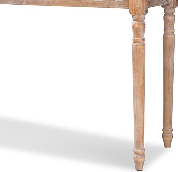 Wholesale Interiors Consoles - Celia Rustic French Country White-Washed Wood and Mirror 2-Drawer Quatrefoil Console Table