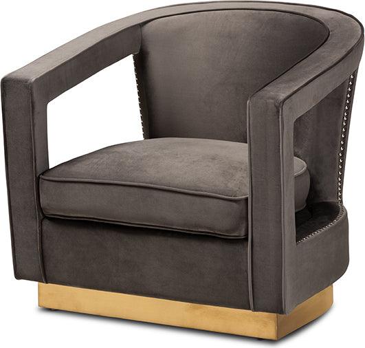 Wholesale Interiors Accent Chairs - Neville Grey Velvet Fabric Upholstered and Gold Finished Metal Armchair