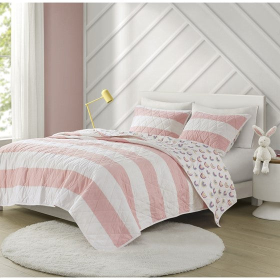 Olliix.com Coverlet - Cotton Cabana Stripe Reversible Quilt Set with Rainbow Reverse Pink Twin