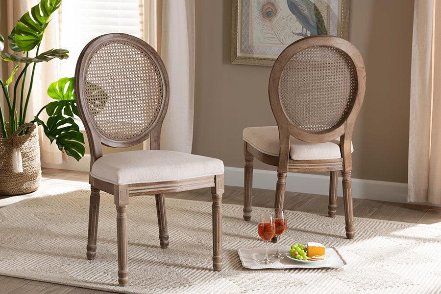 Wholesale Interiors Dining Chairs - Louis Beige Fabric and Antique Brown Finished Wood 2-Piece Dining Chair Set with Rattan