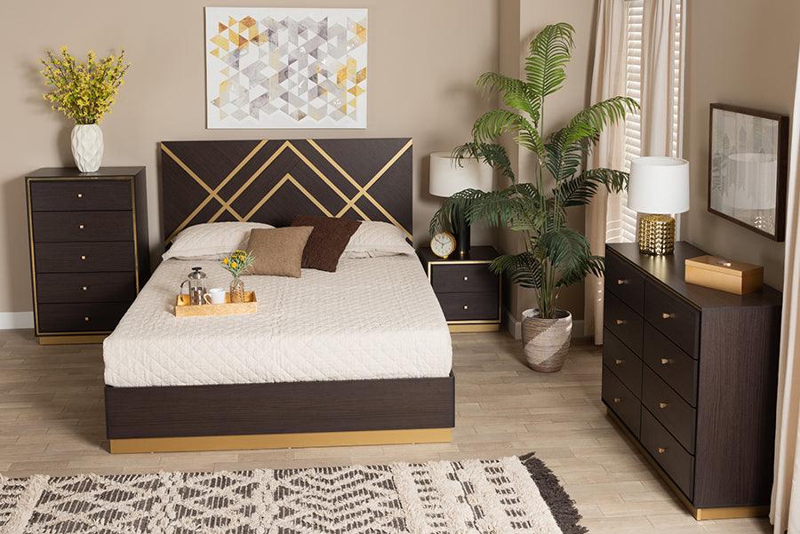 Wholesale Interiors Bedroom Sets - Arcelia Two-Tone Dark Brown and Gold Finished Wood Queen Size 4-Piece Bedroom Set with Chest