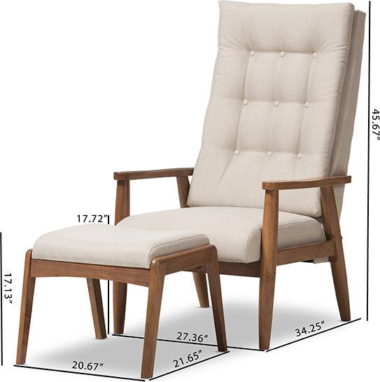Wholesale Interiors Living Room Sets - Roxy Mid-Century Modern Wood and Beige Fabric High-Back Lounge Chair and Ottoman Set