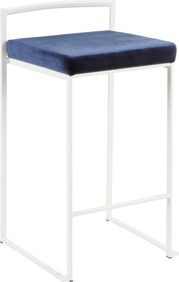 Lumisource Barstools - Fuji Contemporary Stackable Counter Stool in White with Blue Velvet Cushion - Set of 2