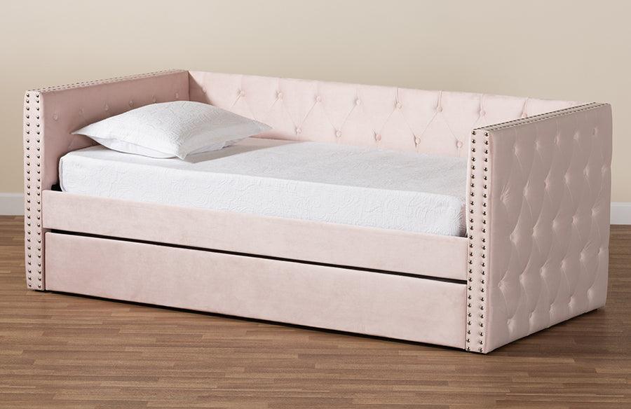Wholesale Interiors Daybeds - Larkin Pink Velvet Fabric Upholstered Twin Size Daybed with Trundle
