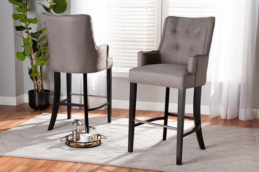 Wholesale Interiors Barstools - Aldon Grey Fabric Upholstered and Dark Brown Finished Wood 2-Piece Bar Stool Set