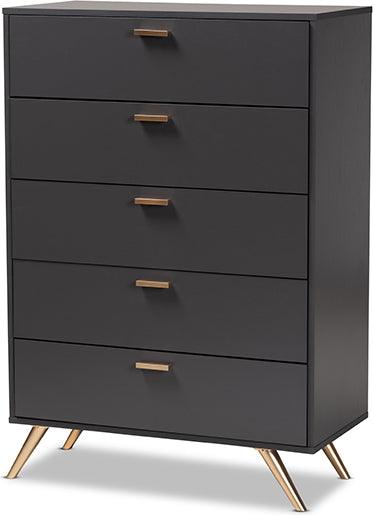 Wholesale Interiors Chest of Drawers - Kelson Dark Grey and Gold Finished Wood 5-Drawer Chest