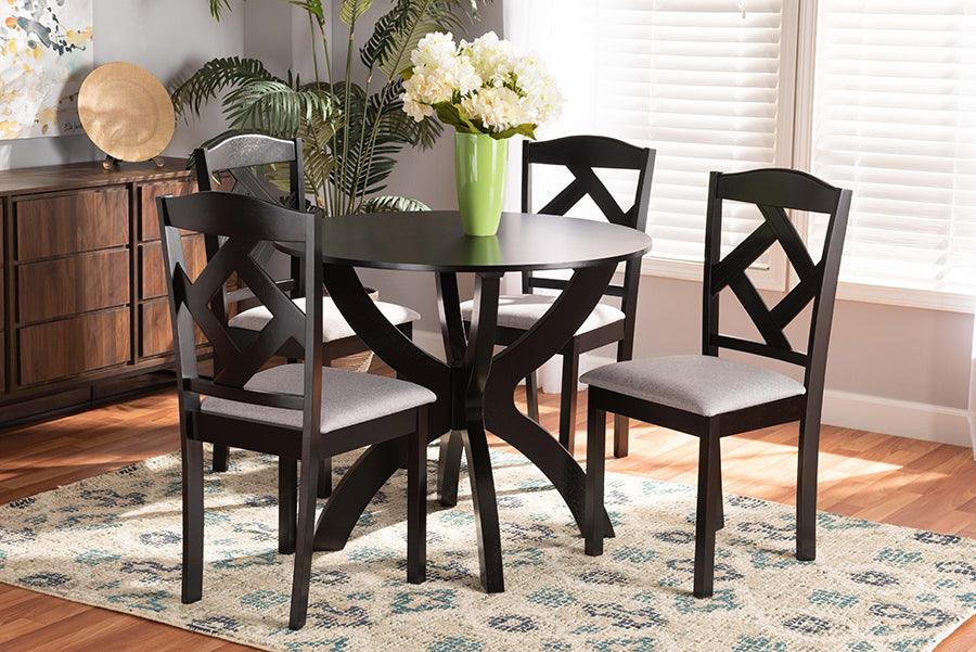 Wholesale Interiors Dining Sets - Nesa Modern Grey Fabric Upholstered and Dark Brown Finished Wood 5-Piece Dining Set
