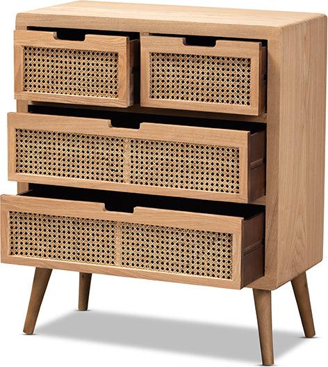Wholesale Interiors Buffets & Cabinets - Alina Mid-Century Modern Medium Oak Finished Wood and Rattan 4-Drawer Accent Storage Cabinet