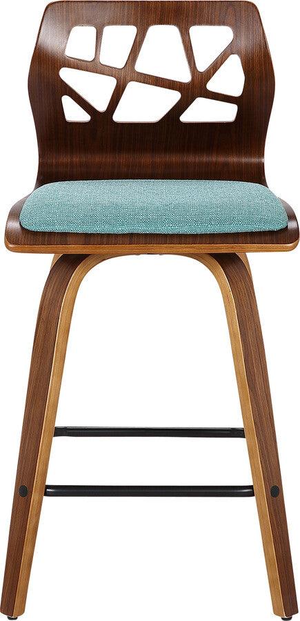 Lumisource Barstools - Folia Mid-Century Modern Counter Stool in Walnut Wood and Teal Fabric - Set of 2