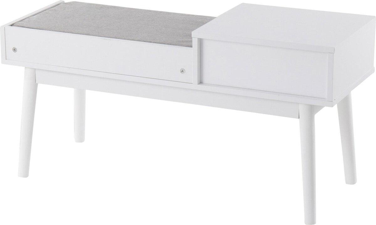 Lumisource Benches - Telephone Contemporary Bench in White Wood and Grey Fabric with Pull-Out Drawer