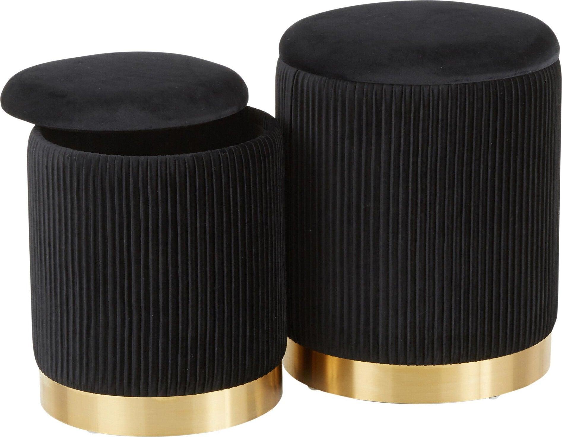 Lumisource Ottomans & Stools - Marla Contemporary Nesting Pleated Ottoman Set Gold Metal & Black Velvet