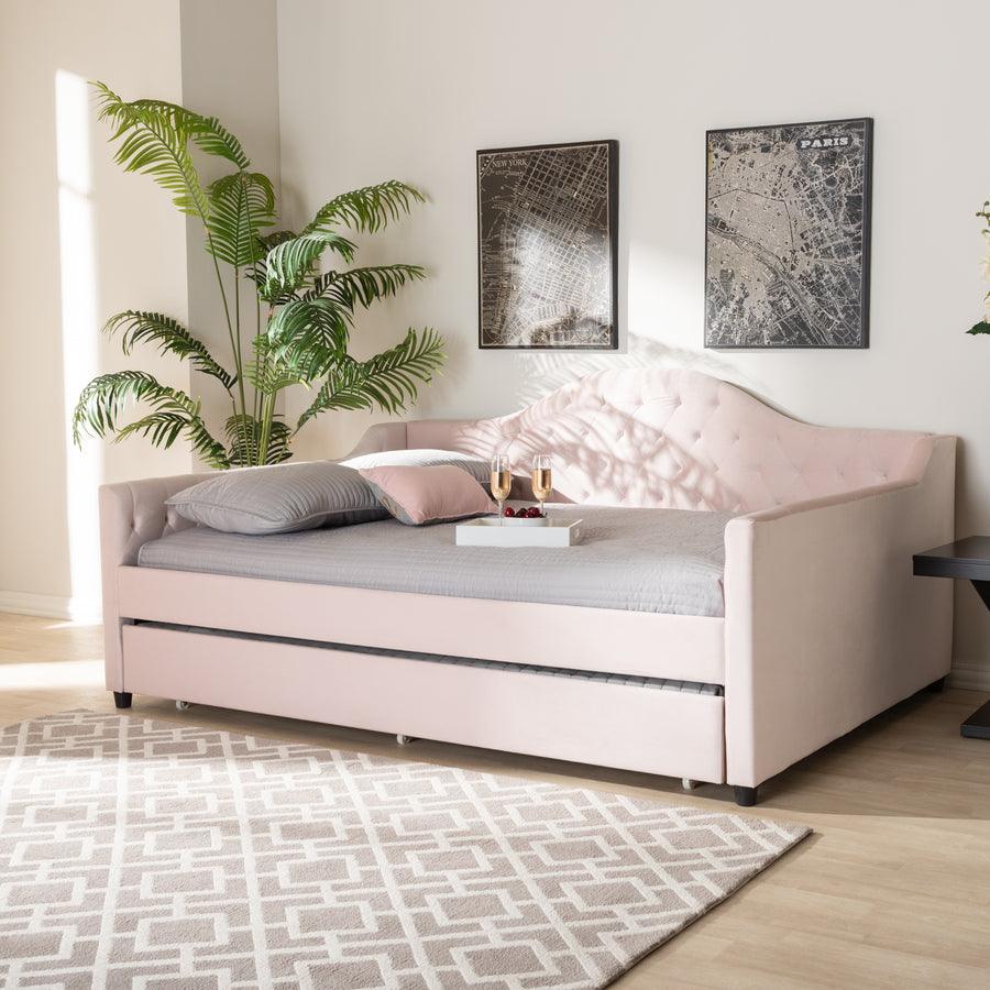 Wholesale Interiors Daybeds - Perry Light Pink Velvet & Button Tufted Queen Size Daybed with Trundle