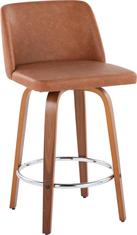 Lumisource Barstools - Toriano 26" Fixed Height Counter Stool With Swivel In Walnut Wood Camel Faux Leather Set 2