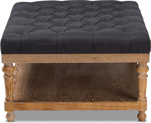 Wholesale Interiors Ottomans & Stools - Lindsey Modern and Rustic Charcoal Linen Fabric and Greywashed Wood Cocktail Ottoman