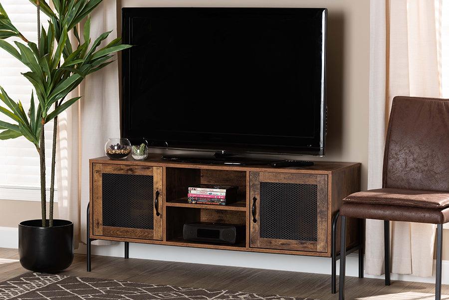 Wholesale Interiors TV & Media Units - Valeska Modern Industrial Walnut Brown Finished Wood and Black Metal 2-Door TV Stand