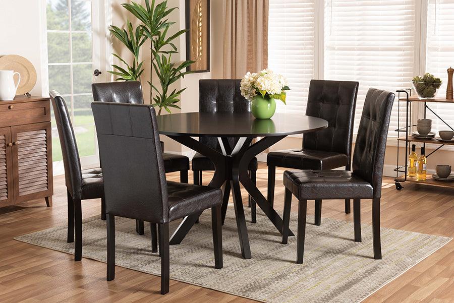 Wholesale Interiors Dining Sets - Marie Dark Brown Faux Leather Upholstered and Dark brown Finished Wood 7-Piece Dining Set