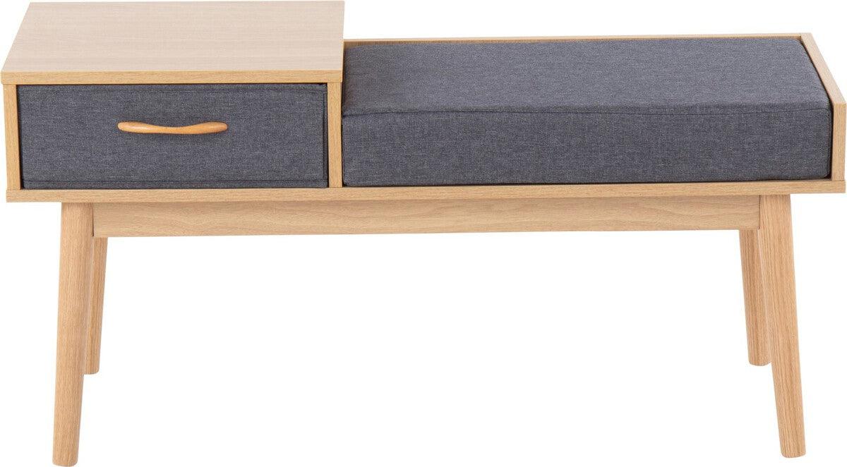 Lumisource Benches - Telephone Contemporary Bench in Natural Wood and Grey Fabric with Pull-Out Drawer